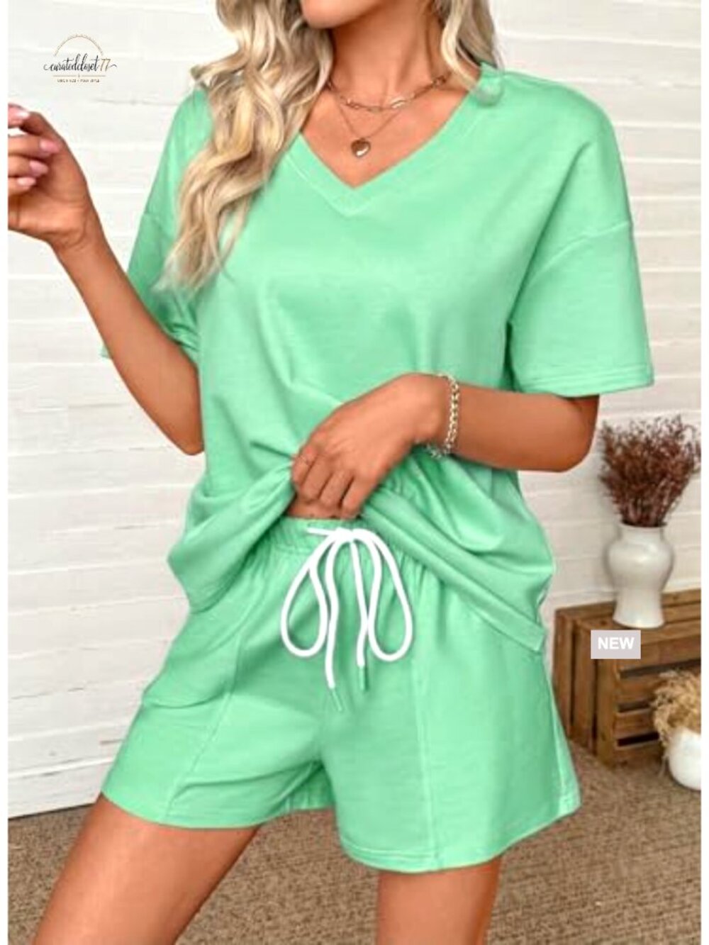 Women's V-Neck Short Sleeve Tee and Drawstring Shorts Set with Pockets - Picture 3 of 7